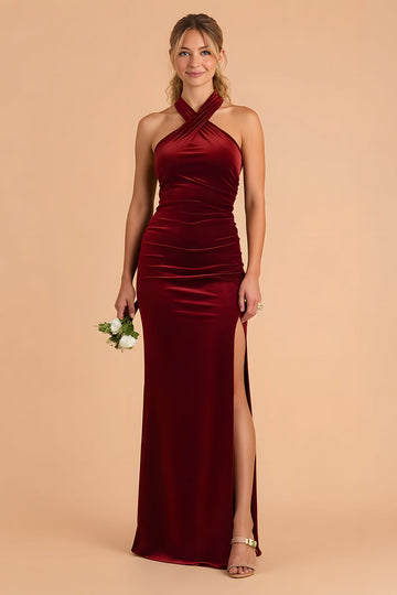 Burgundy Halter Neck Sheath Velvet Long Bridesmaid Dress with Slit